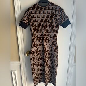 Fendi Black and Tan Patterned Dress Zucca FF Monogram